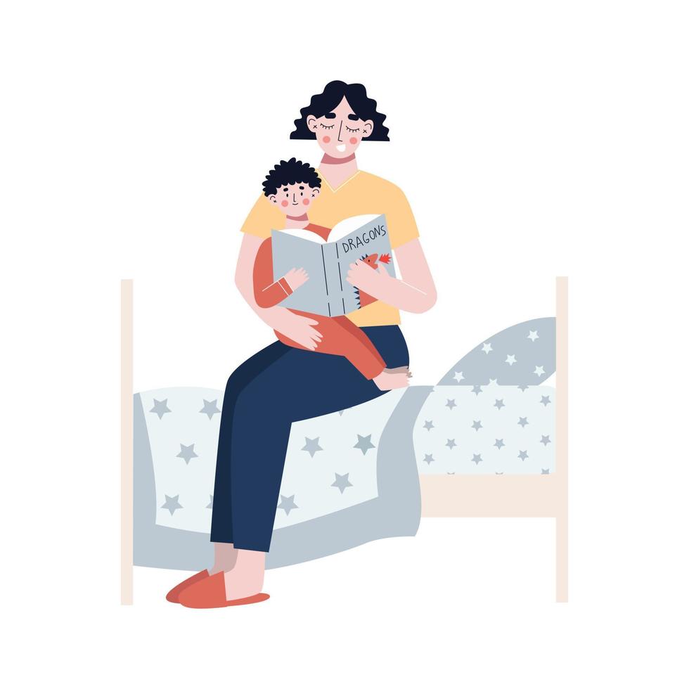 Mother reads a book her son. Mom and son reading fairytale together. Flat vector illustration.