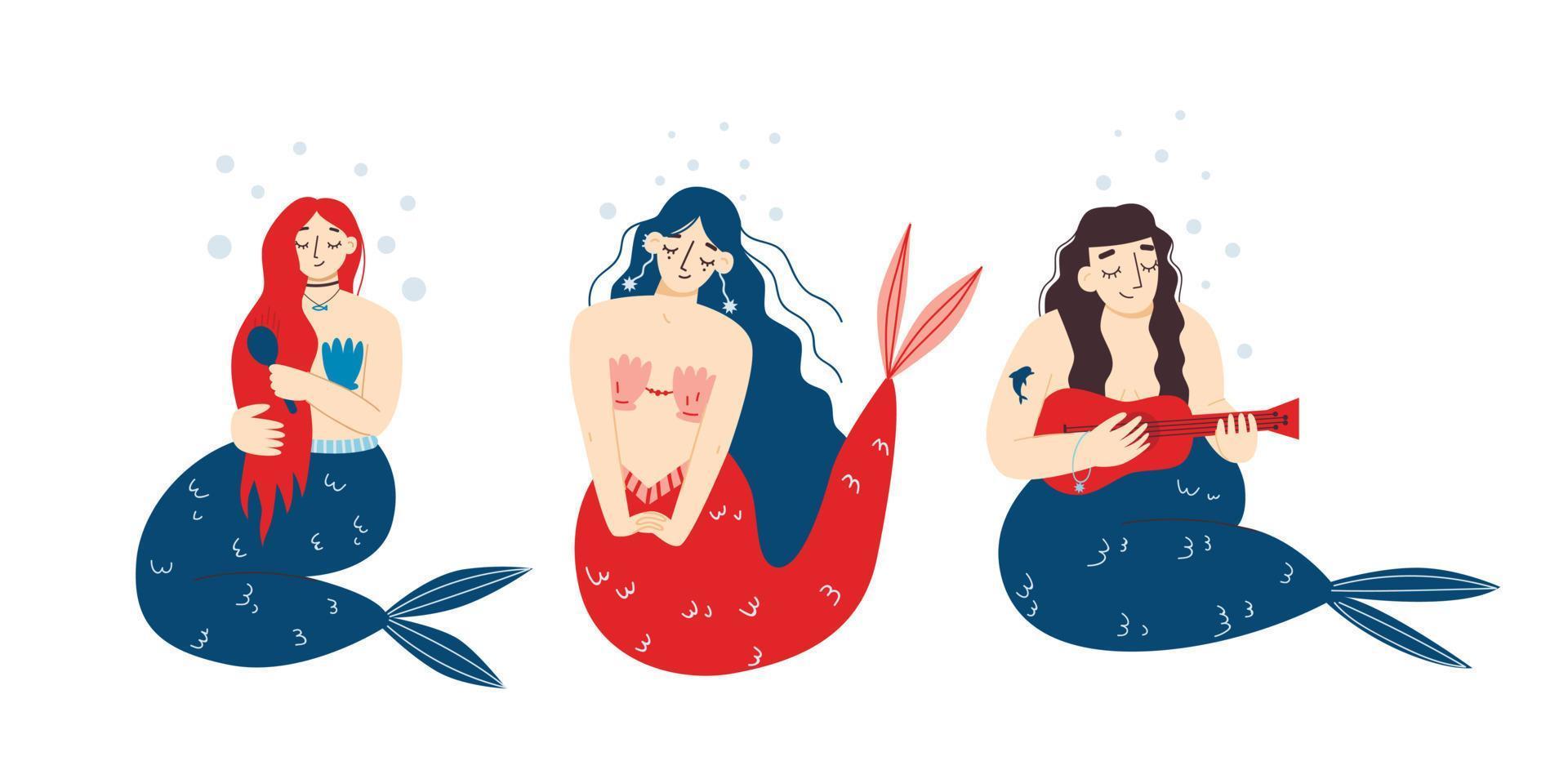 Set of cute mermaids isolated on white background. Flat vector illustration.