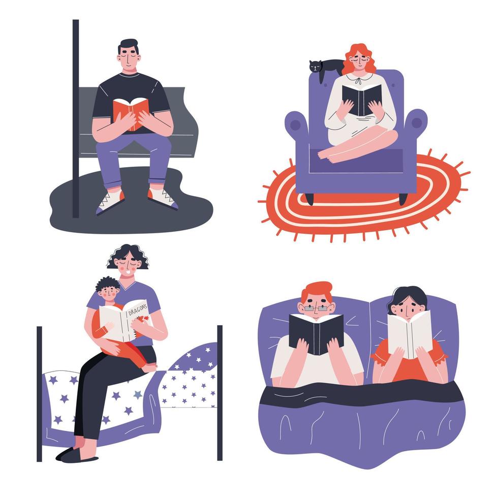 conjunto de amantes de los libros. gente leyendo libros. pareja leyendo en una cama. un hombre lee en el metro. una madre lee a su hijo. ilustración vectorial plana. vector