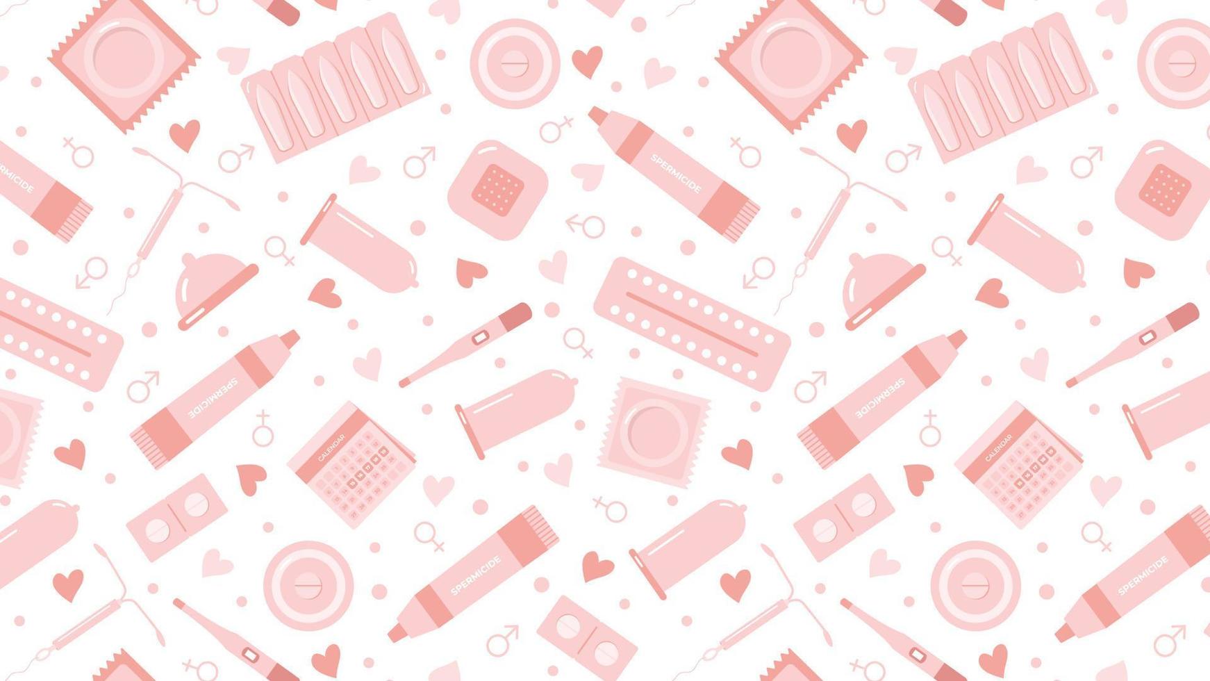 Seamless pattern, banner on horizontal background with birth control methods. Contraceptives in soft pink tones. Vector flat-panel illustration