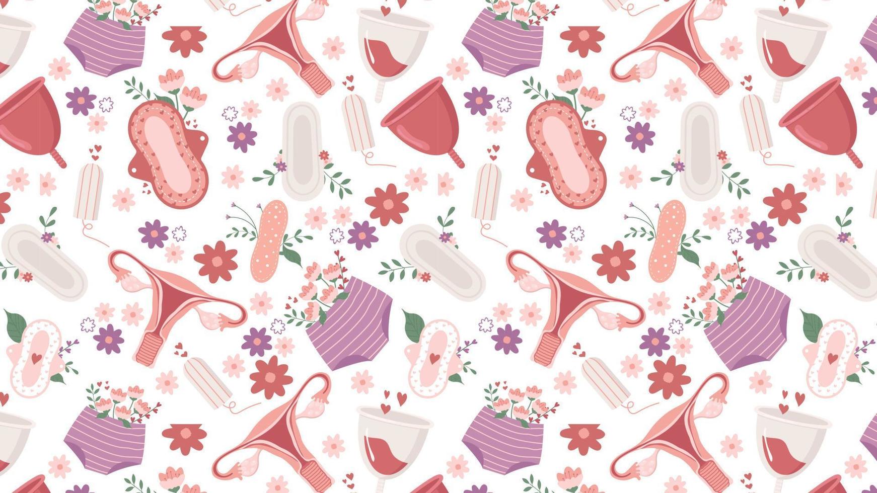 fondo transparente, pancarta con tema de menstruación con útero, tazas y toallas sanitarias femeninas sobre fondo blanco. Ilustración de vector plano colorido