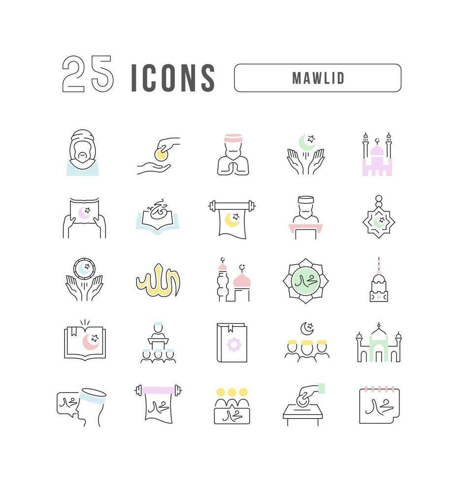 Set of linear icons of Mawlid vector