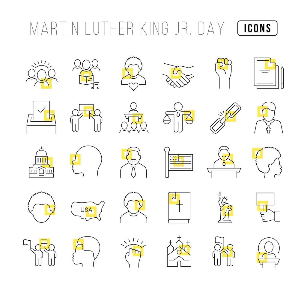 Set of linear icons of Martin Luther King Jr. Day vector