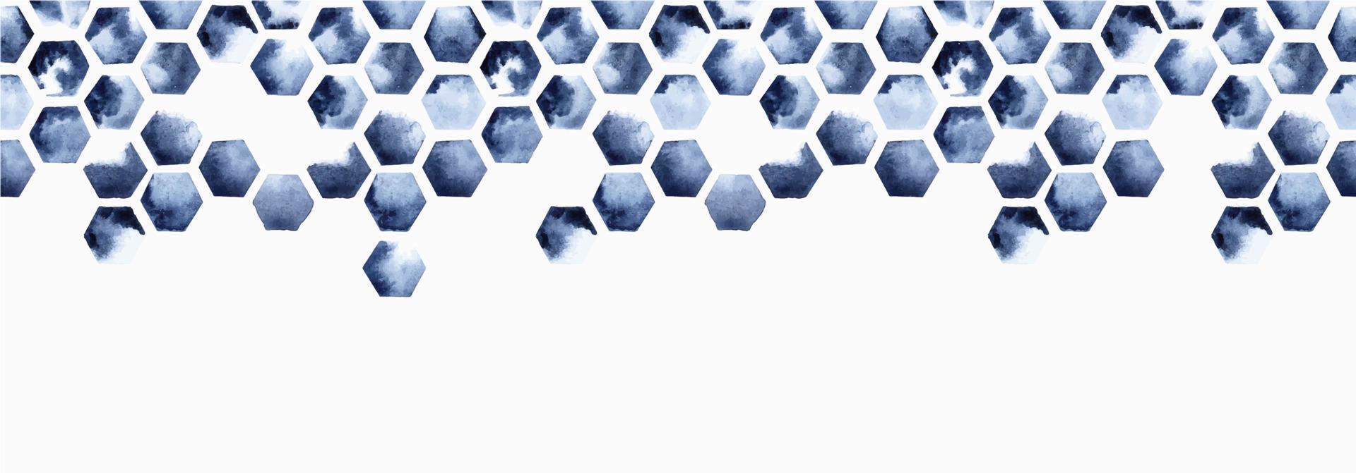 borde sin costuras de ilustración acuarela, patrón de mosaico hexagonal. panal de abeja, azul índigo sobre un fondo blanco. impresión abstracta con manchas de pintura. vector