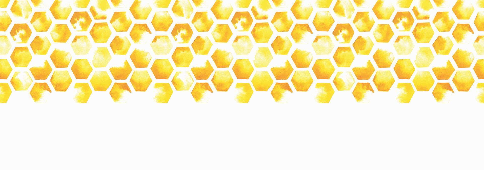 watercolor illustration seamless border, web banner. honeycomb yellow, abstract print. tile, geometric pattern with paint spots on a white background vector
