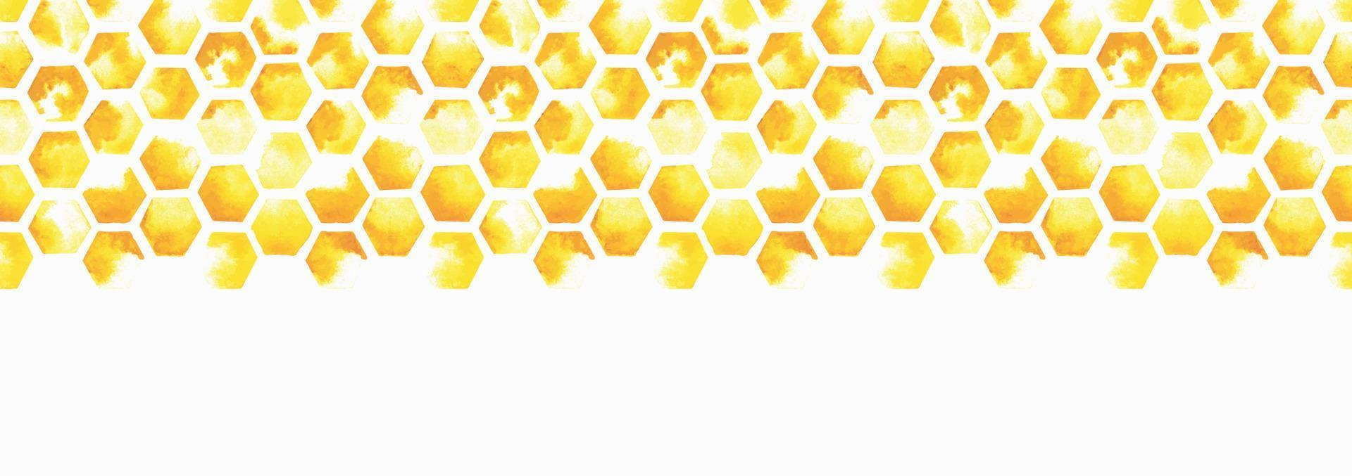 watercolor illustration seamless border, web banner. honeycomb yellow, abstract print. tile, geometric pattern with paint spots on a white background vector