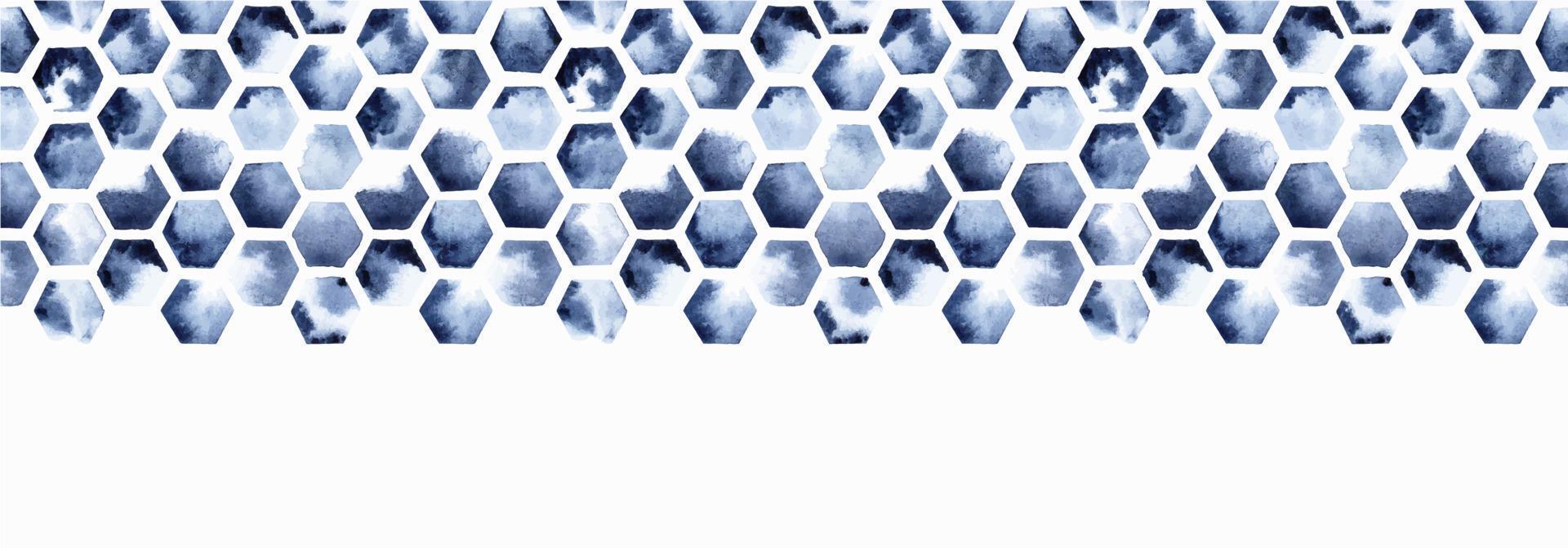 borde sin costuras de ilustración acuarela, patrón de mosaico hexagonal. panal de abeja, azul índigo sobre un fondo blanco. impresión abstracta con manchas de pintura. vector