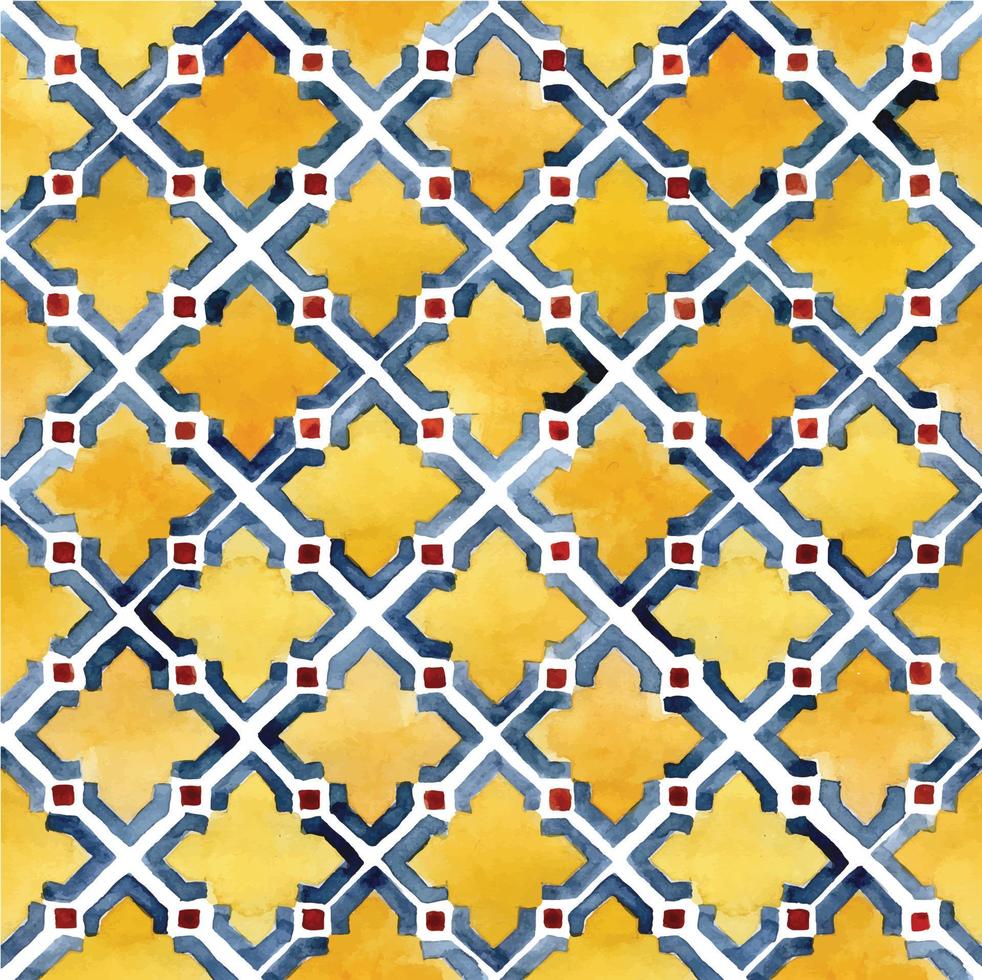 acuarela de patrones sin fisuras. patrones marroquíes, turcos, patrones orientales. azulejos de colores en amarillo, azul y rojo. vector