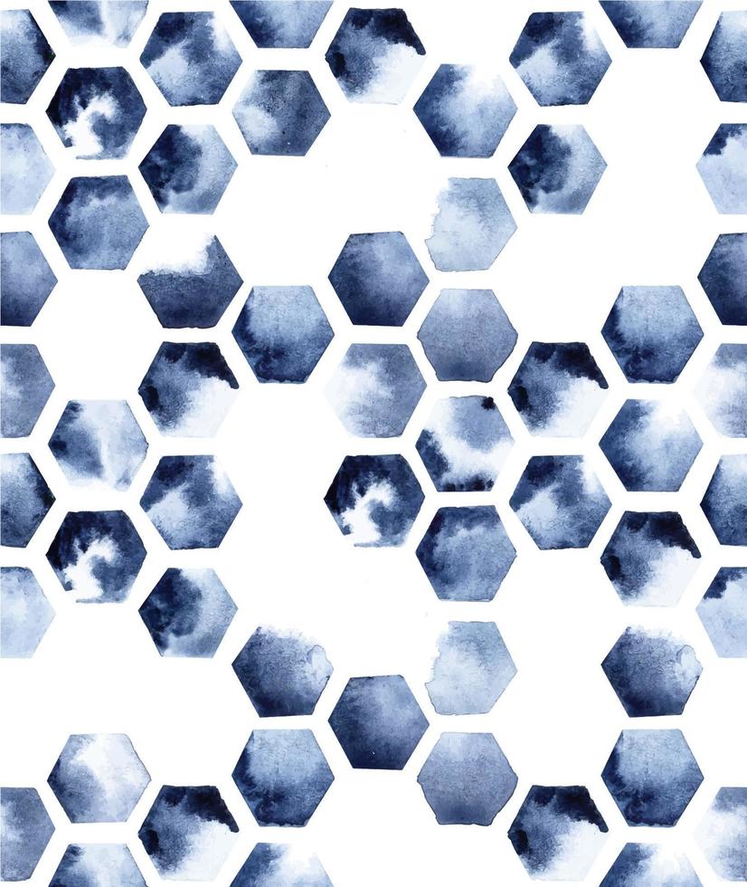 seamless watercolor pattern with hexagons on a white background. abstract print of stains of blue paint, indigo. honeycomb, tiles. vector