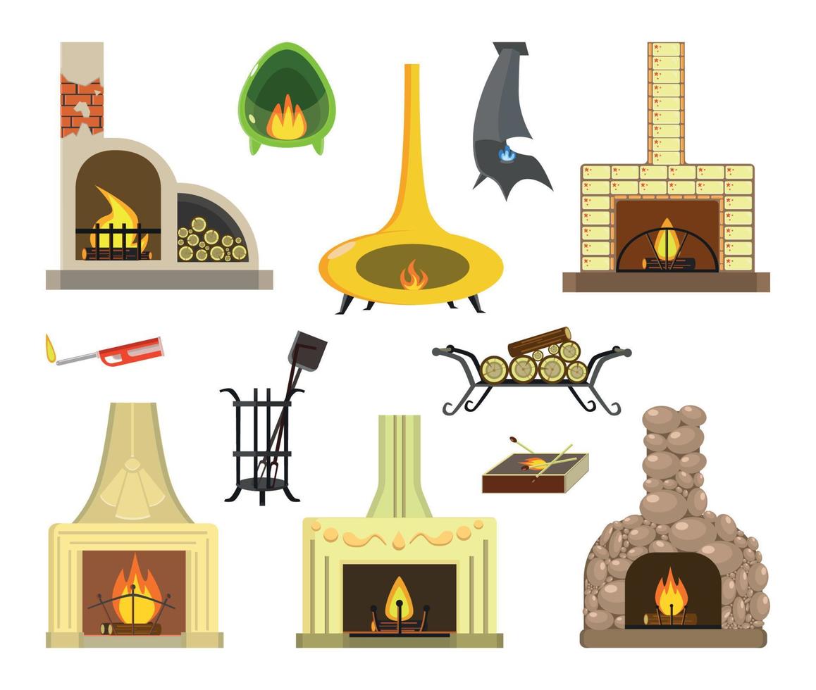 Fireplace Set in Flat Style vector