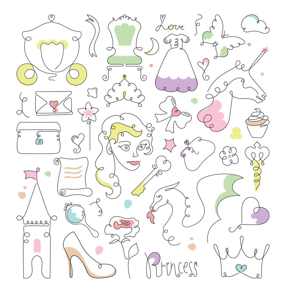 Set of Princess Attributes in Linear Style vector