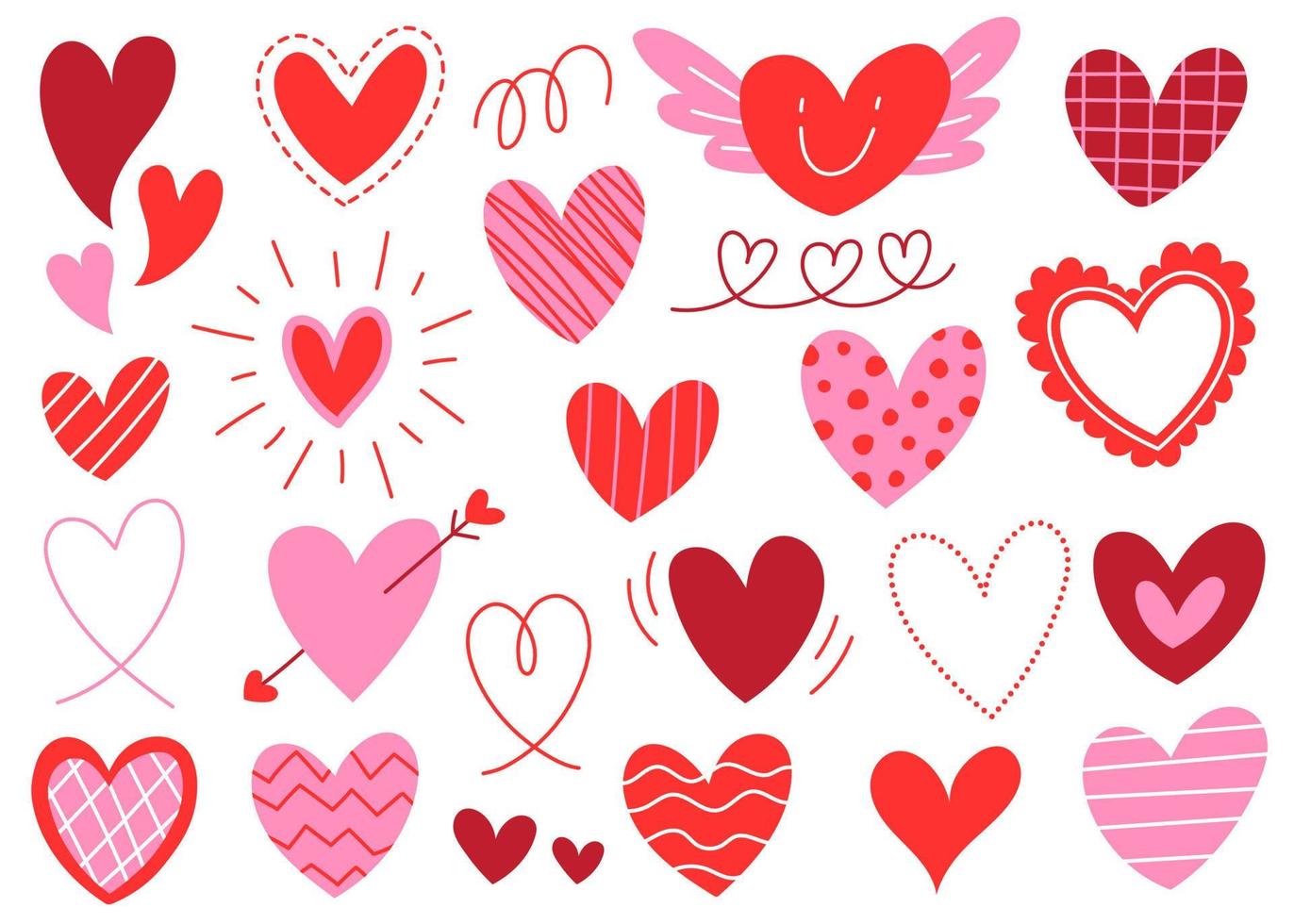 lindo corazón elemento decoración día de san valentín amor romántico rojo rosa línea forma garabato dibujos animados dibujo a mano boceto vector ilustración paquete conjunto paquete colección