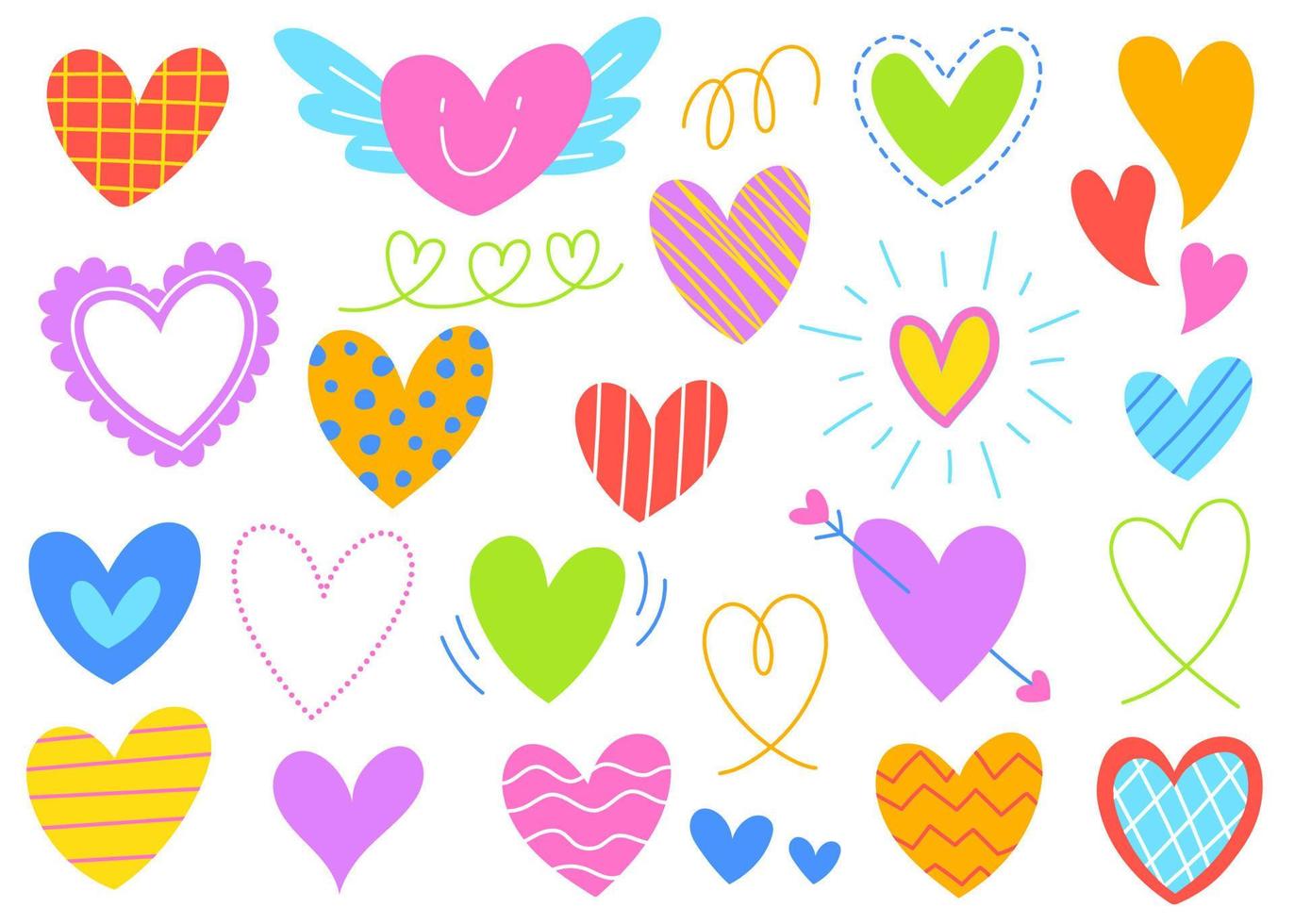 Cute Heart Element Decoration Valentine's Day Love Romantic Color Colorful Rainbow Line Form Doodle Cartoon Hand Drawing Sketch Vector Illustration Pack Set Bundle Collection