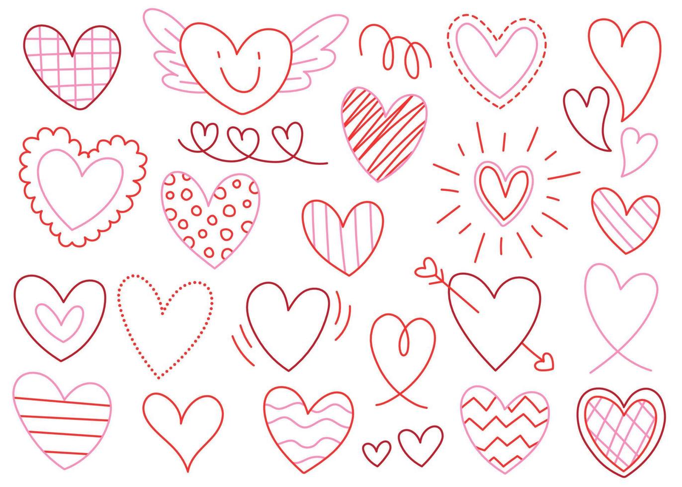 Cute Heart Element Decoration Valentine's Day Love Romantic Red Pink Line Outline Form Doodle Cartoon Hand Drawing Sketch Vector Illustration Pack Set Bundle Collection