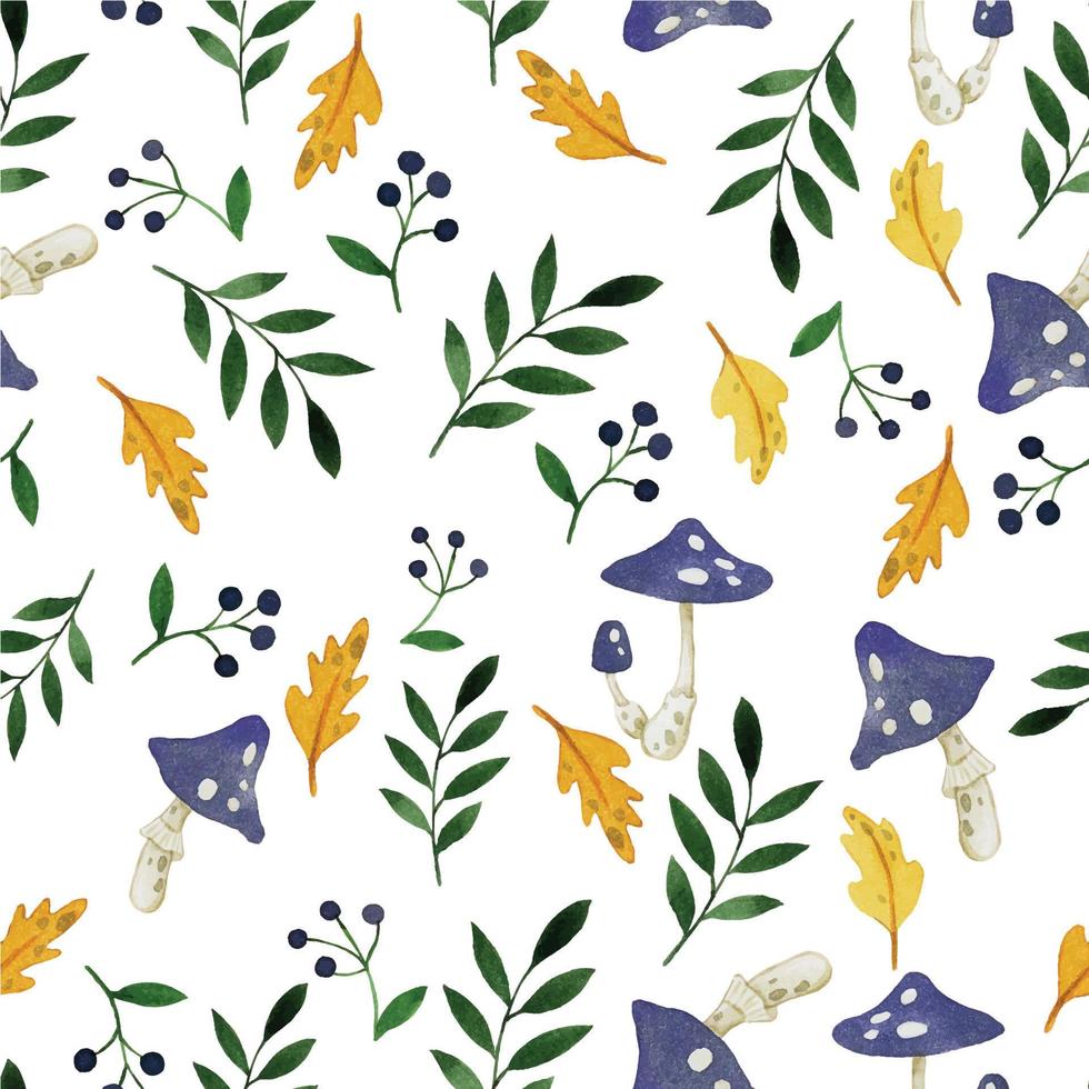 watercolor seamless pattern with cute drawings for children on the theme of autumn, halloween. print with autumn leaves, berries, mushrooms in orange and purple colors isolated on white background vector