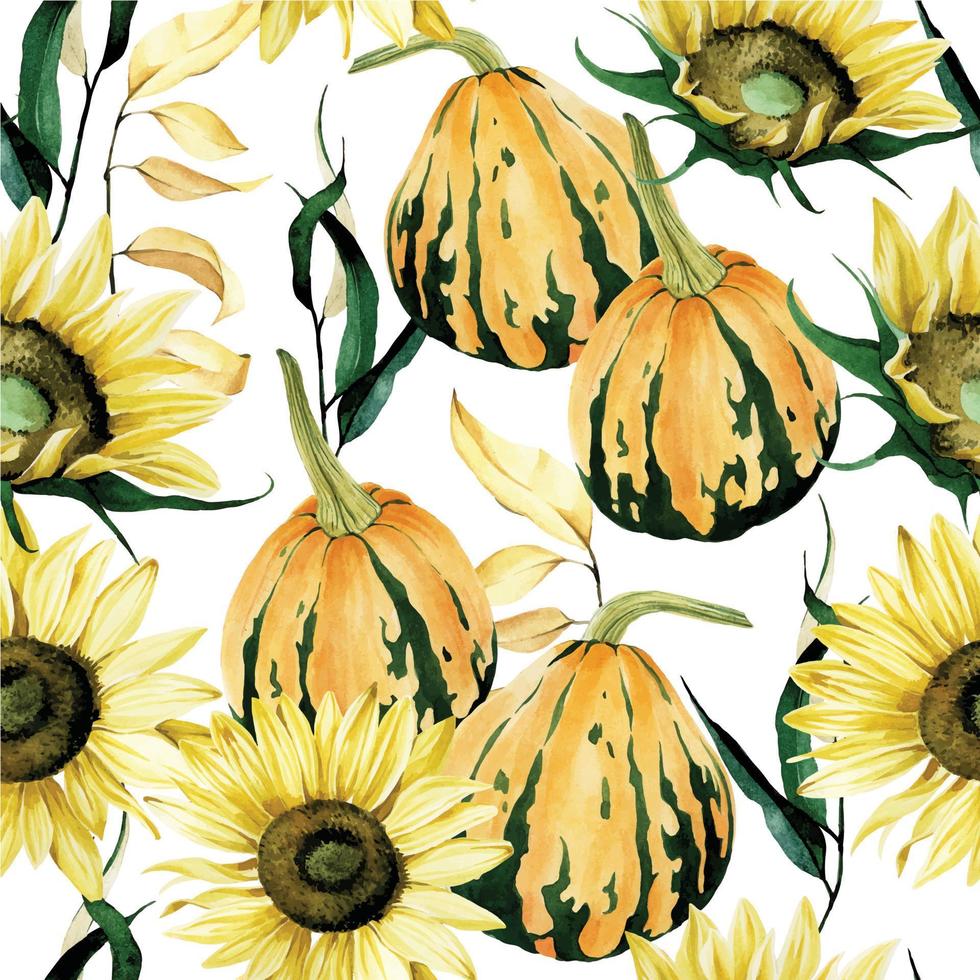watercolor drawing seamless autumn pattern. pattern of autumn bouquet with pumpkins, sunflower flowers and dry herbs isolated on white background. print for the holiday Thanksgiving Day, harvest vector