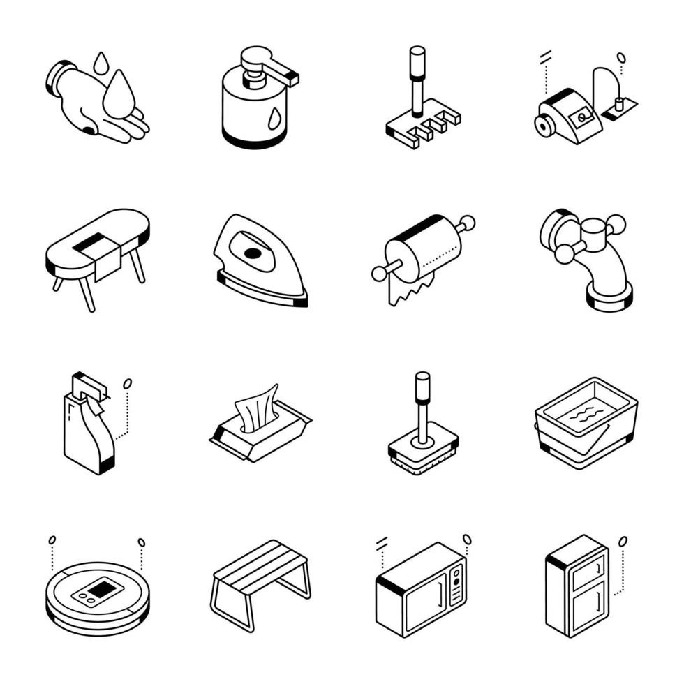 Line Isometric Icons of Household Cleaning vector