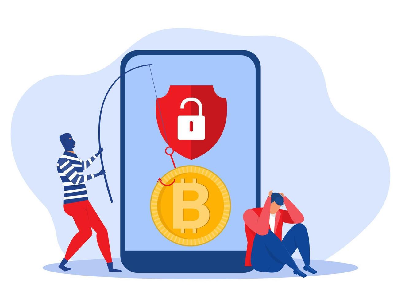 Cyber hacker fishing up bitcoin from a mobile phone attack concept vector illustrator.