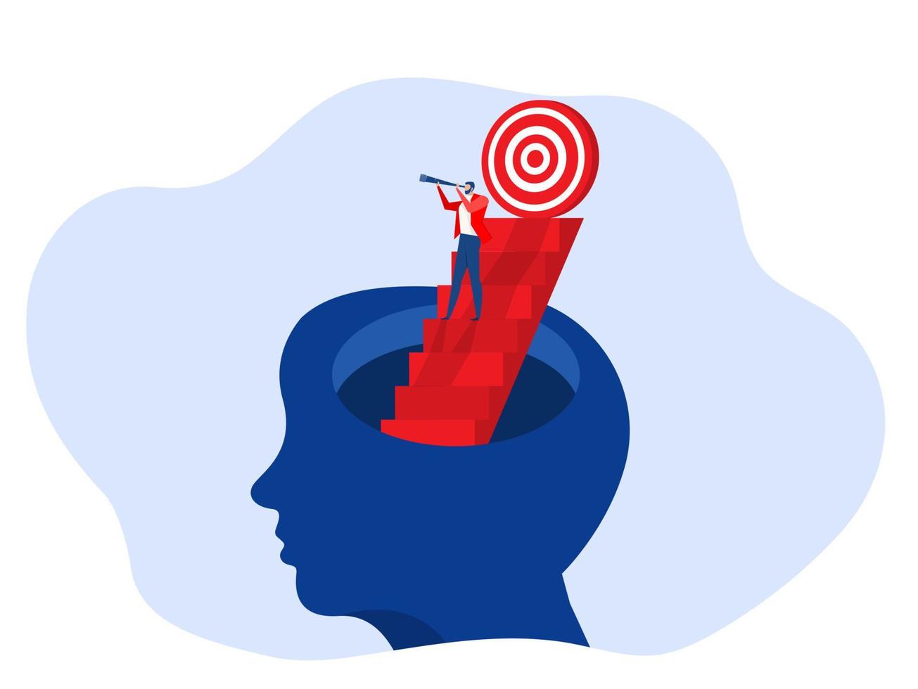 Businessman looking on telescope on head human.  Business challenge search way to success goal. Visionary , leadership concept vector