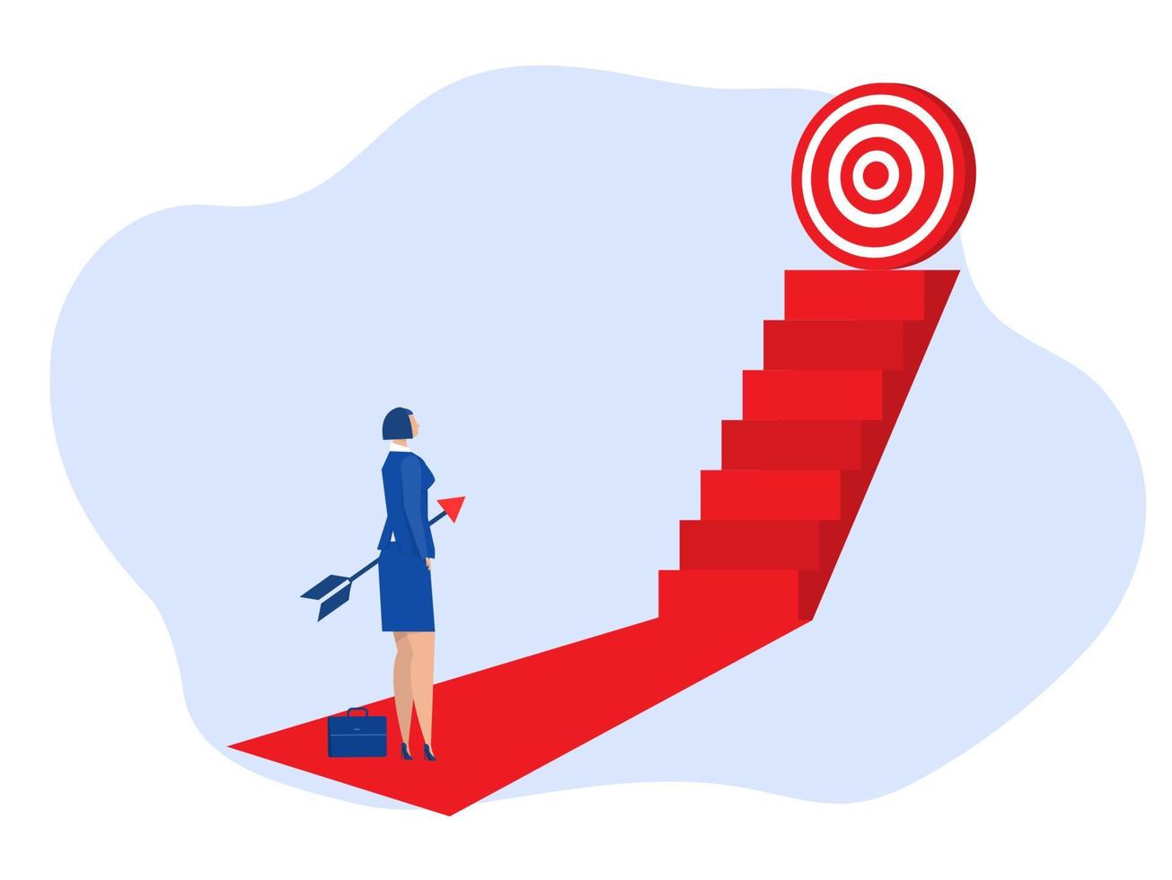 businesswoman holding arrow spear to target. aiming on bullseye target.Goal achievement, successful business, Vector illustration flat design. Aspirational people. Mission achieved