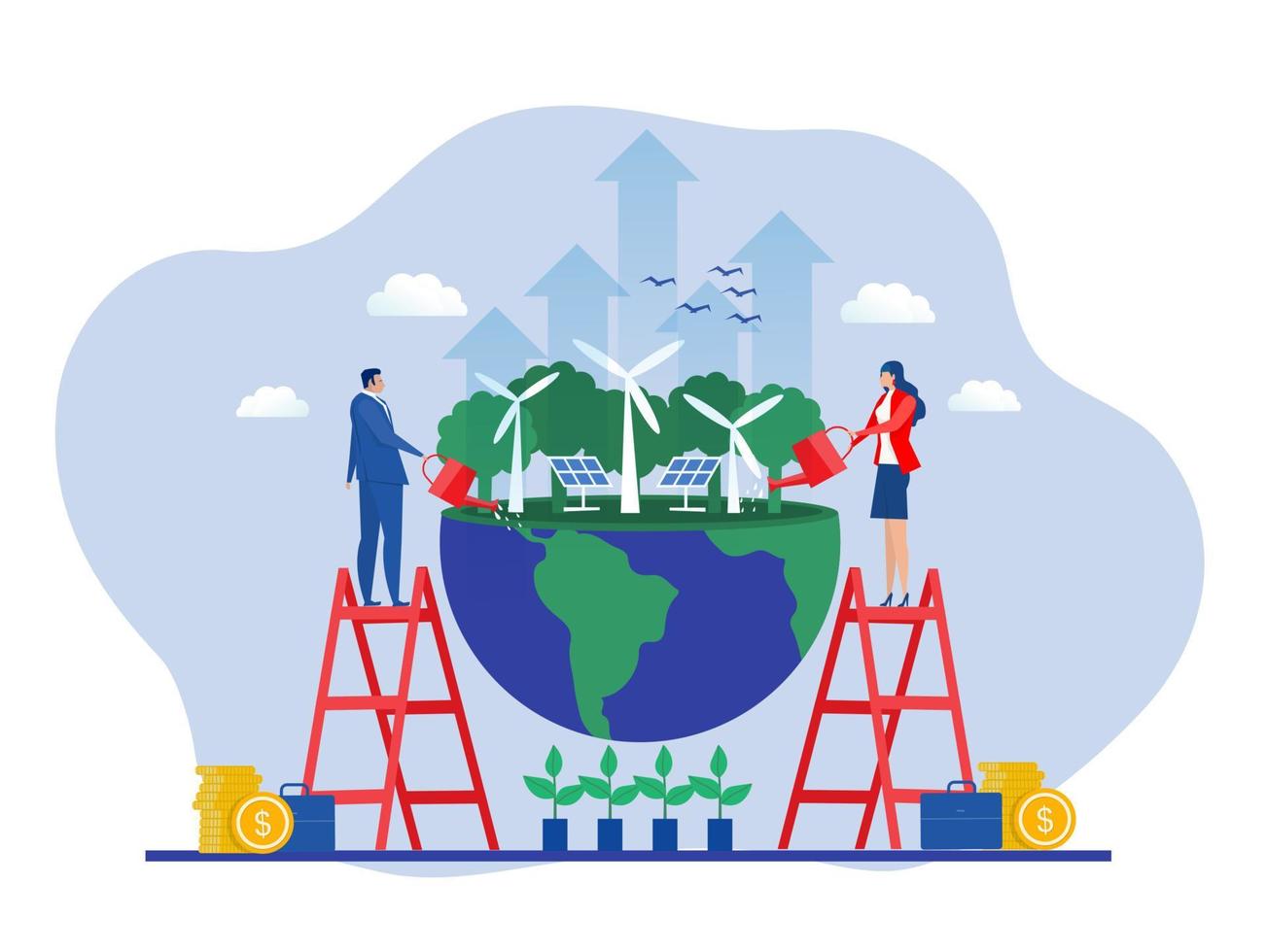 Business ESG or ecology problem concept, business invest energy sources. Preserving resources of planet. Cartoon modern flat vector illustration