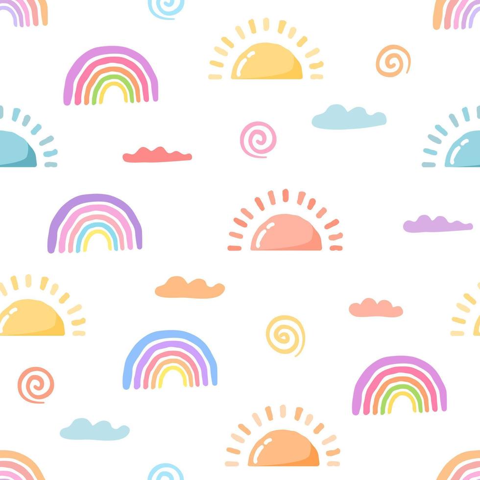 Seamless pattern  suns with rainbow and clouds pastel vector