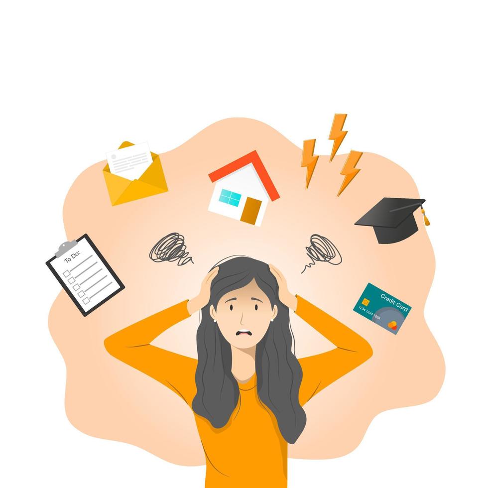 Woman panic and stress with many problem vector