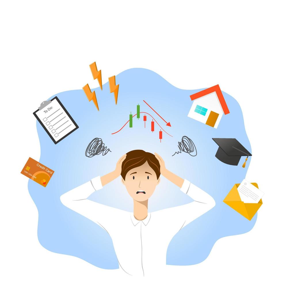 Man panic and stress with many problem vector