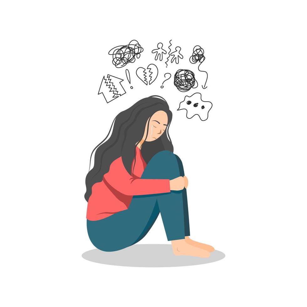 Woman sits worrying about many problems, Stressed woman, Broken heart vector