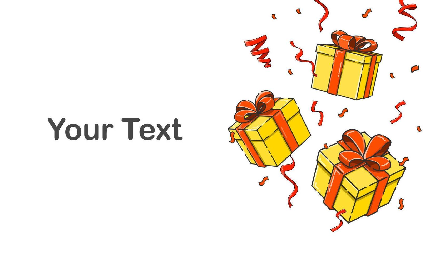 caen cajas de regalo, cuelgan cajas de regalo y espacio para su texto. feliz navidad y feliz año nuevo celebrar vector