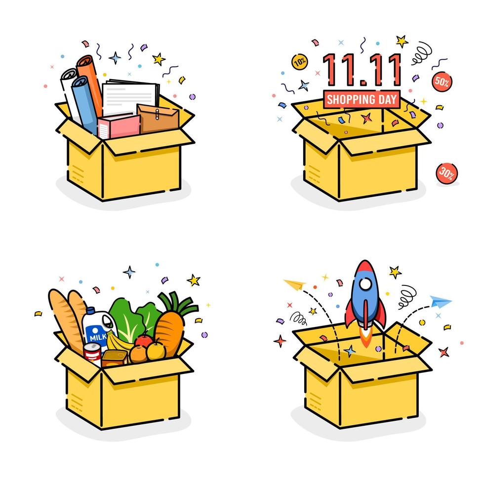 Opened boxes surprise set shopping food start up and documents vector