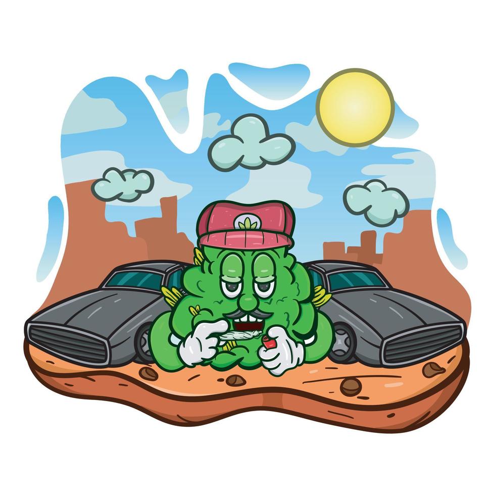 Cartoon Mascot Of Weed Bud With Weed Cigarette In Wild West. vector