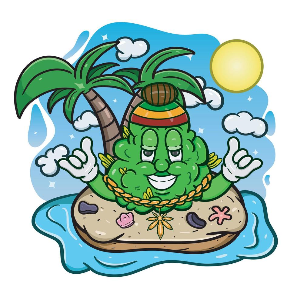 Cartoon Mascot Of Weed Bud With Reggae Style In Island. vector