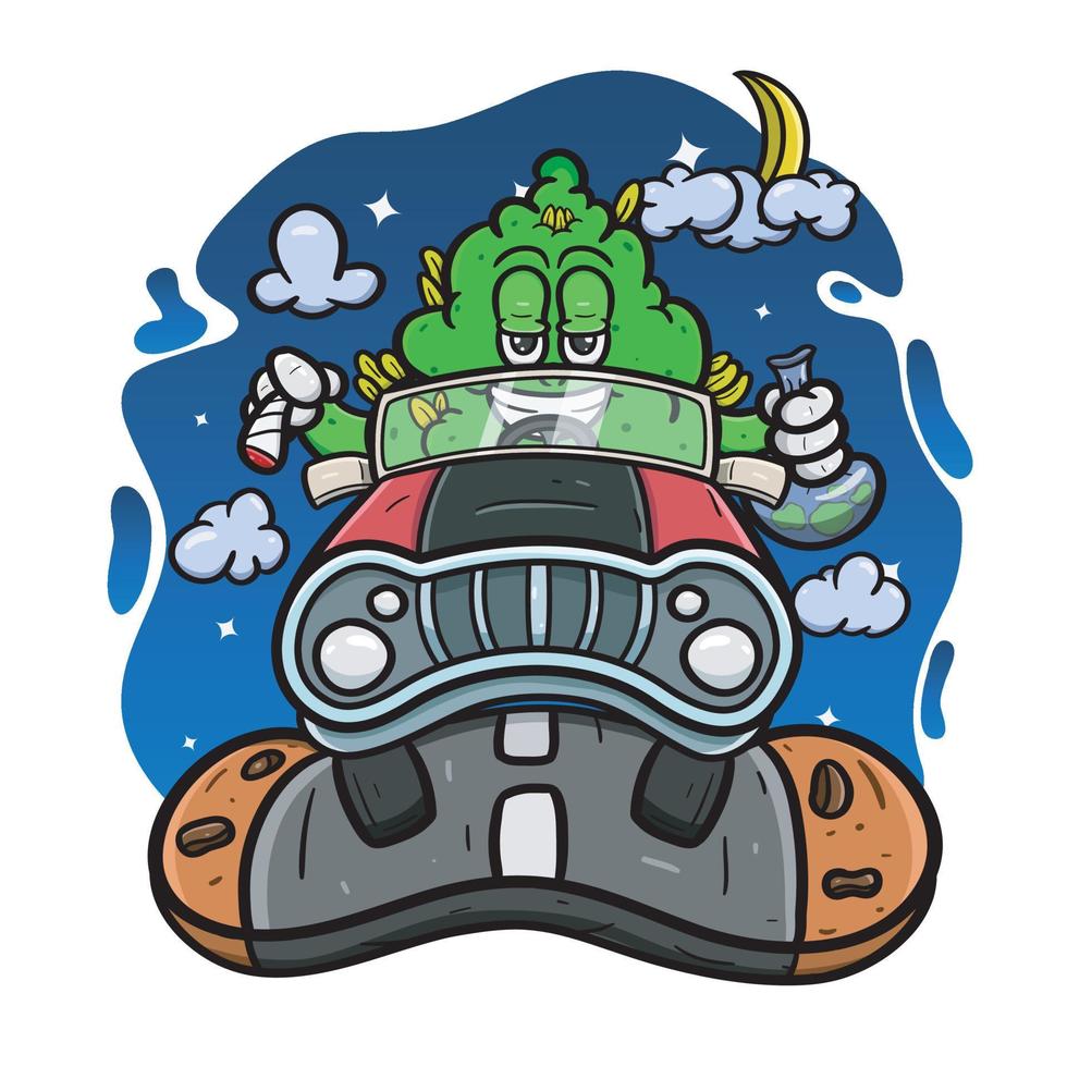 Cartoon Mascot Of Weed Bud in the American Car On Night. vector