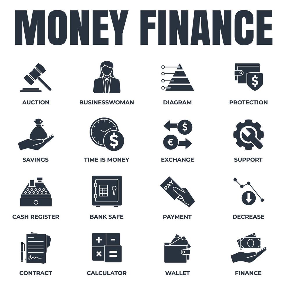conjunto de ilustración de vector de logotipo de icono de finanzas de dinero. plantilla de símbolo de paquete de finanzas para la colección de diseño gráfico y web. billetera, caja registradora, subasta, disminución y más