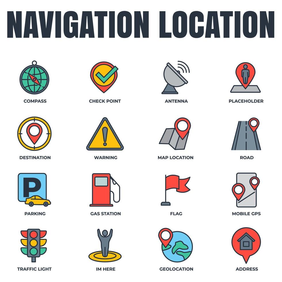 Set of Navigation location icon logo vector illustration. location pack symbol template. address, flag, traffic light, warning, road and more for graphic and web design collection
