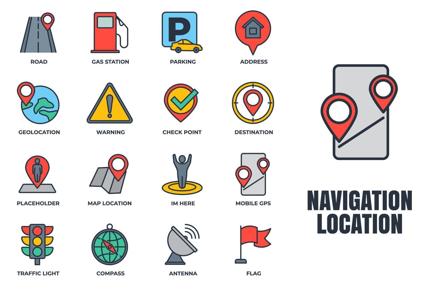 Set of Navigation location icon logo vector illustration. location pack symbol template. address, flag, traffic light, warning, road and more for graphic and web design collection