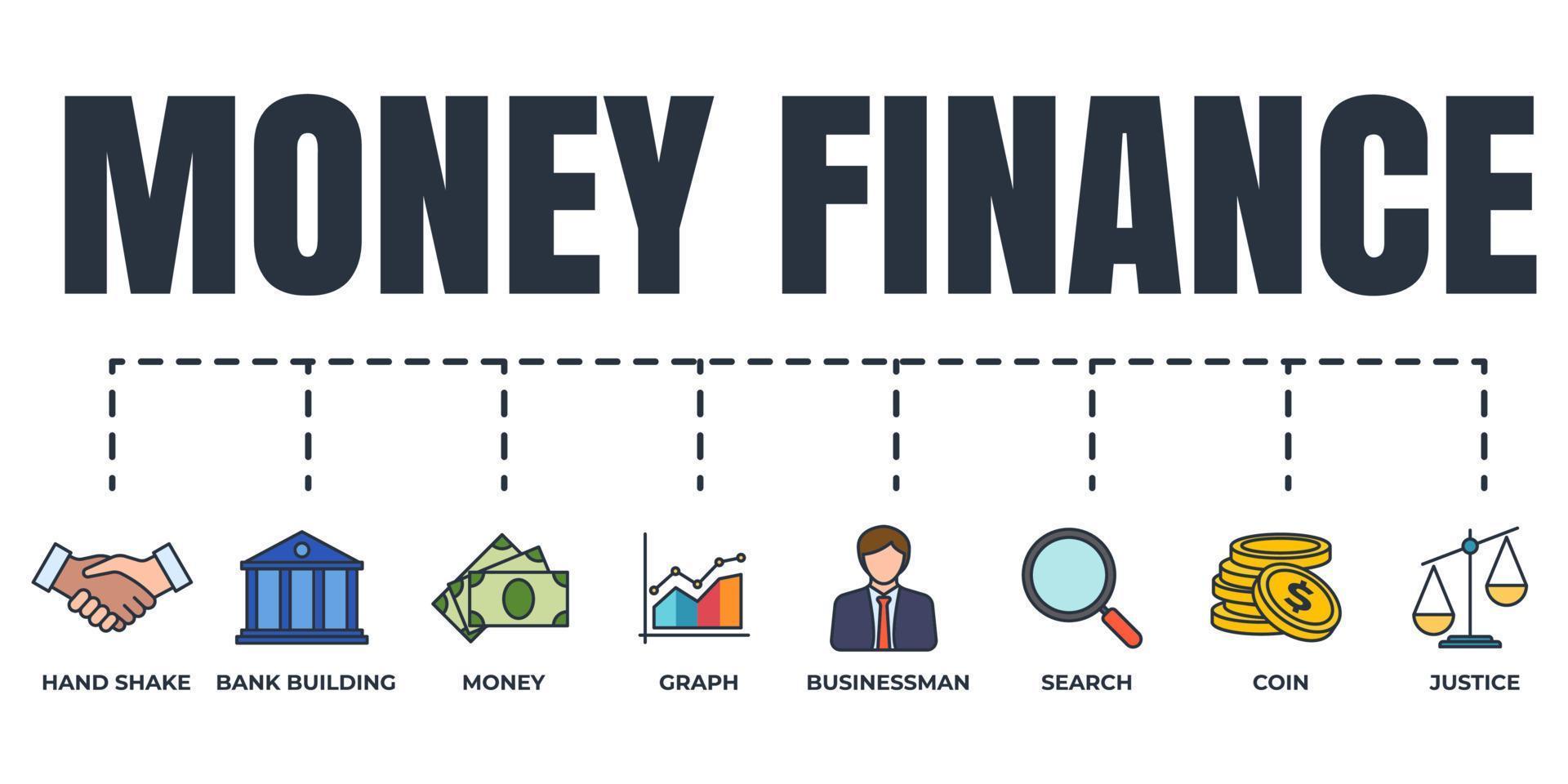 Finance banner web icon set. money, search, graph, businessman, bank building, justice, coin, hand shake vector illustration concept.