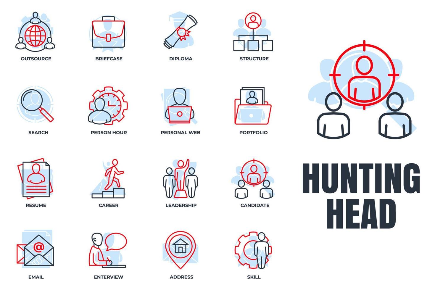 Set of Head Hunting, portfolio, skill, email, person hour and more icon logo vector illustration. recruiting pack symbol template for graphic and web design collection