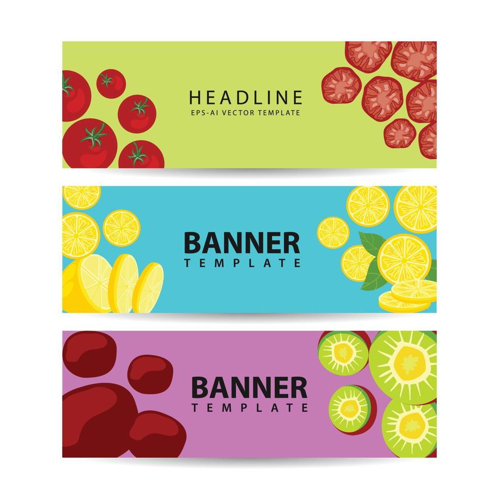Three horizontal banners with colorful compositions of whole and chopped fresh vegetables and fruits vector