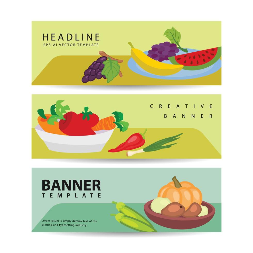 conjunto de tres pancartas horizontales de bayas y frutas con imágenes coloridas de rodajas de frutas naturales con ilustración vectorial de texto vector