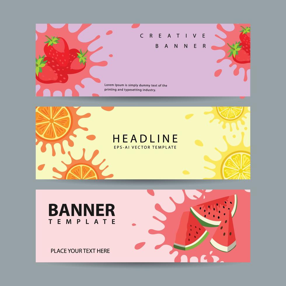 Summer banners fruits horizontal colorful splash vector illustration