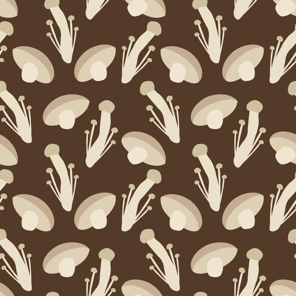 Seamless vector pattern with cute cartoon forest mushrooms fly agaric on a brown background.