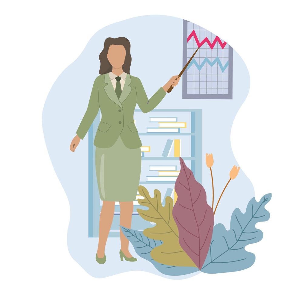 Woman making business presentation and pointing at the board. Presenting business plan . Vector illustration in cartoon style