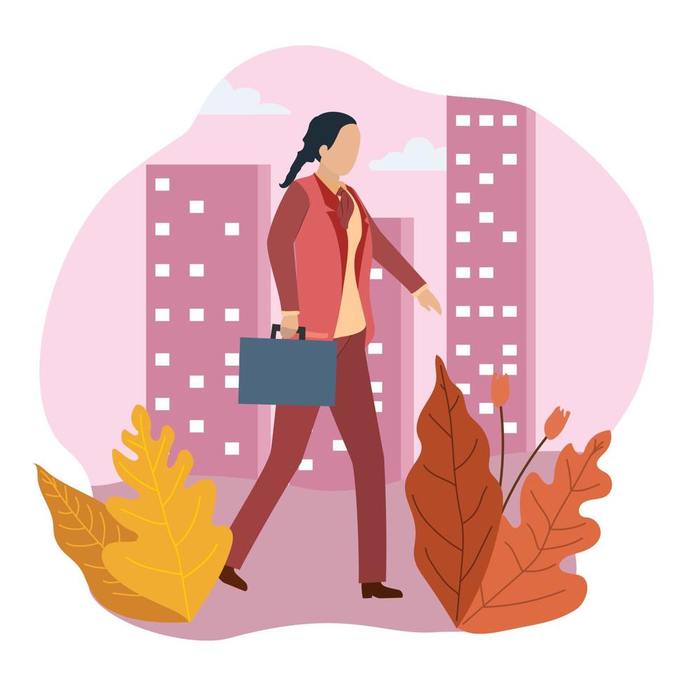 Business woman walking with briefcase. vector illustration