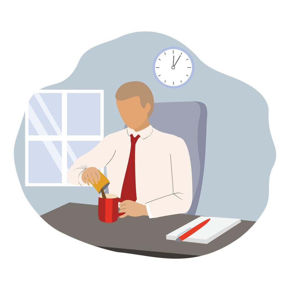 Businessman like coffee,drinking coffee, tea break time in bright office. vector