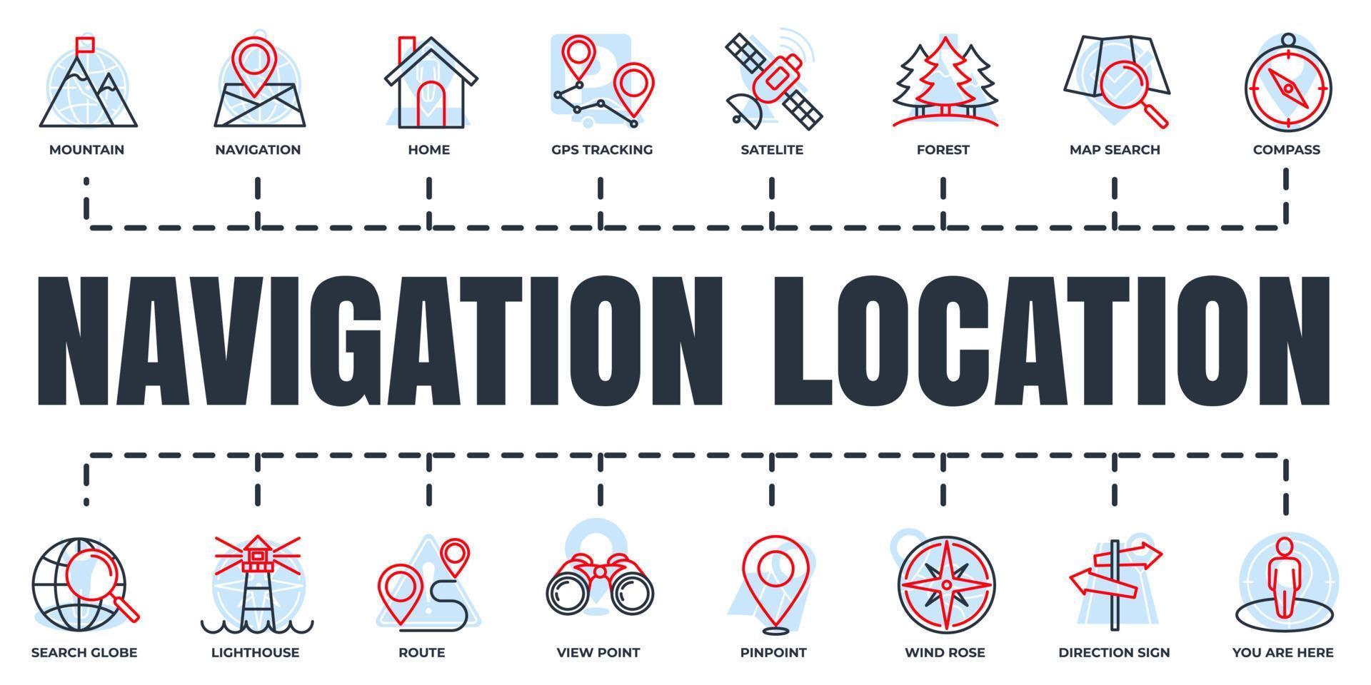 Navigation, location banner web icon set. home, pinpoint, direction sign, compass, map search and more vector illustration concept.