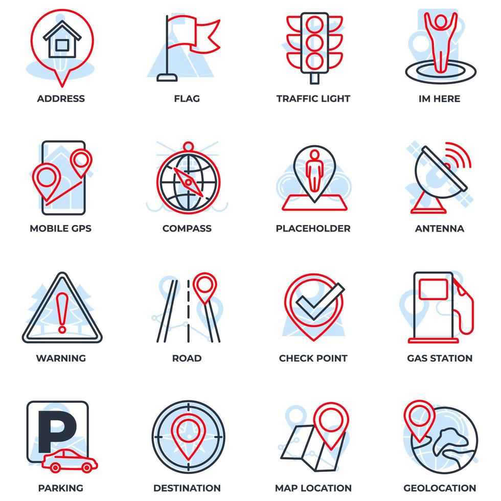 Set of Navigation location icon logo vector illustration. location pack symbol template. address, flag, traffic light, warning, road and more for graphic and web design collection