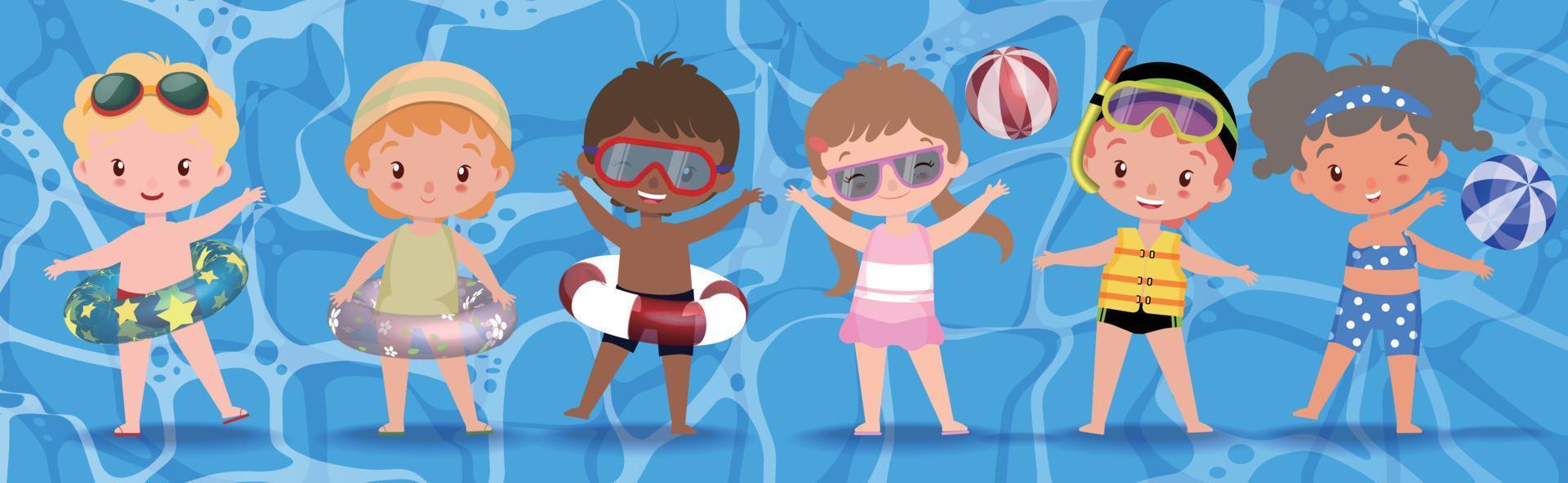 Adorable kid wearing swimsuit having fun in summer vector