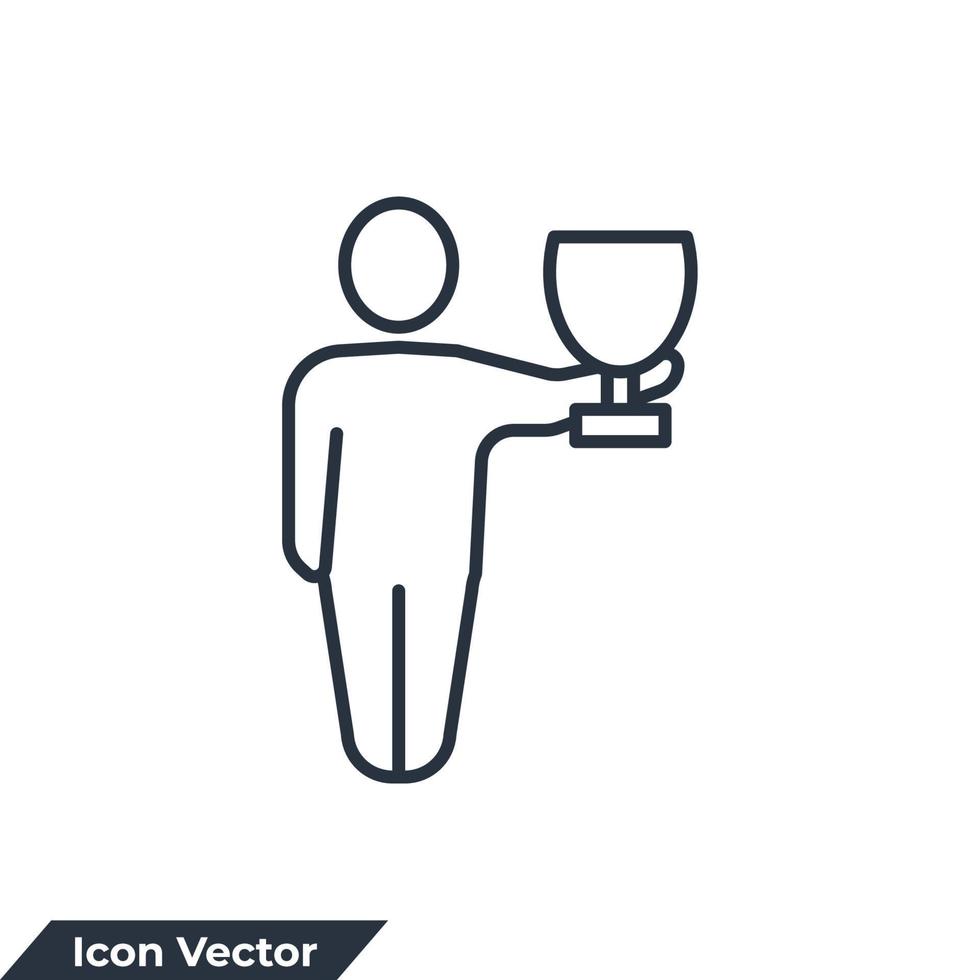 winner icon logo vector illustration. man holds winner award cup symbol template for graphic and web design collection